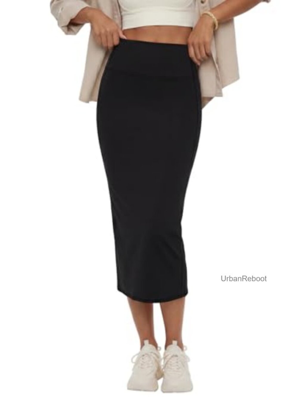 High Waisted Pencil Skirt Stretchy Midi Bodycon with Back Slit